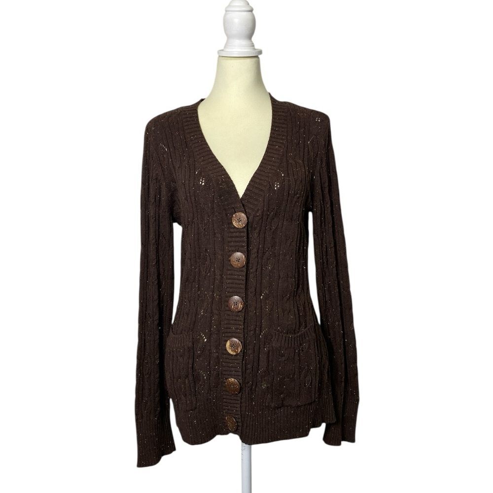 Vintage Retro Y2K Ruff Hewn Brown Cable Knit Cardigan Sweater Size L